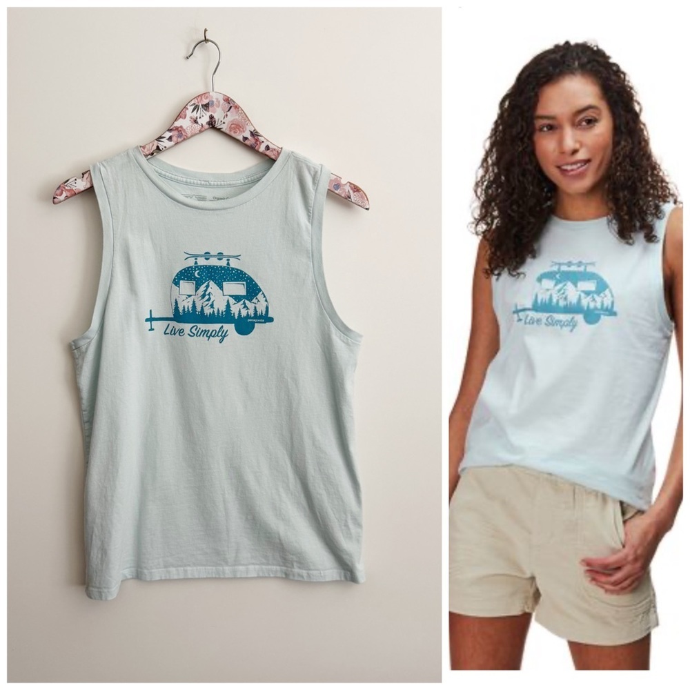 PATAGONIA Live Simply Trailer Organic Muscle Tee Women’s Small S Blue Tank Top